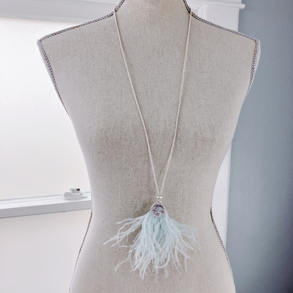 VTG Signed Carol Dauplaise Necklace Silver Tone Light Blue Feathers, Y2K Boho - Picture 9 of 9